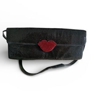 CACHE  BLACK SEQUIN PURSE WITH RED " LIPS " EUC, Worn Once